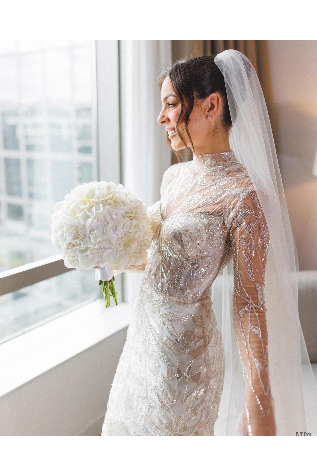 White Wedding Dress Mermaid High Neck Sleeves Beaded Sweep Train Tulle Bridal Gown With Sequins