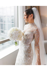 White Wedding Dress Mermaid High Neck Sleeves Beaded Sweep Train Tulle Bridal Gown With Sequins