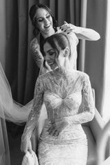White Wedding Dress Mermaid High Neck Sleeves Beaded Sweep Train Tulle Bridal Gown With Sequins