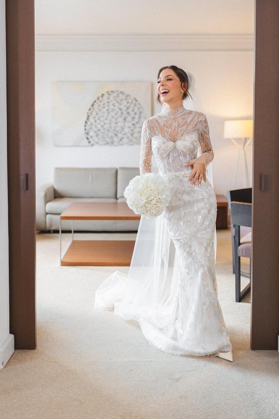 White Wedding Dress Mermaid High Neck Sleeves Beaded Sweep Train Tulle Bridal Gown With Sequins