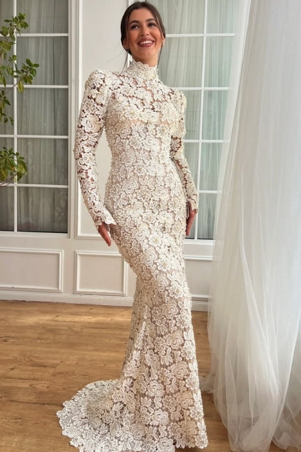 White Wedding Dress Mermaid High Neck Sleeves Floor Length Lace Bridal Gown With Pearls