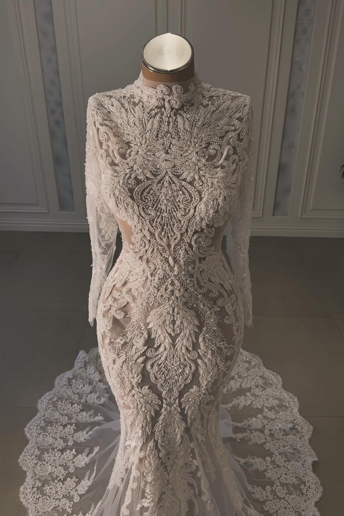 White Wedding Dress Mermaid Lace Beaded High Neck Long Sleeves Chapel Train Bridal Gown