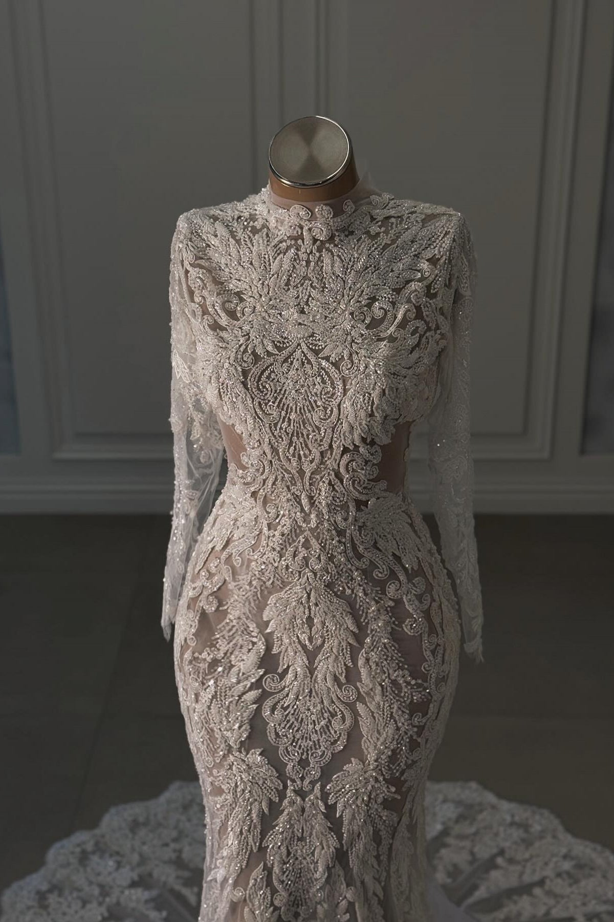 White Wedding Dress Mermaid Lace Beaded High Neck Sleeves Chapel Train Bridal Gown