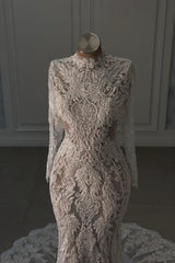 White Wedding Dress Mermaid Lace Beaded High Neck Sleeves Chapel Train Bridal Gown