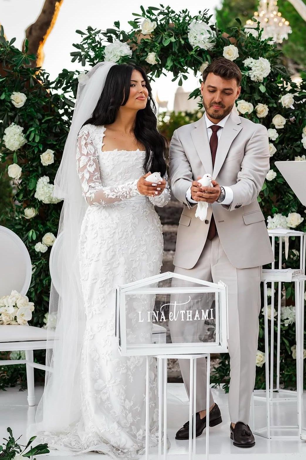 White Wedding Dress Mermaid Lace Square Long Sleeves Beaded Long Bridal Gown With Pearls