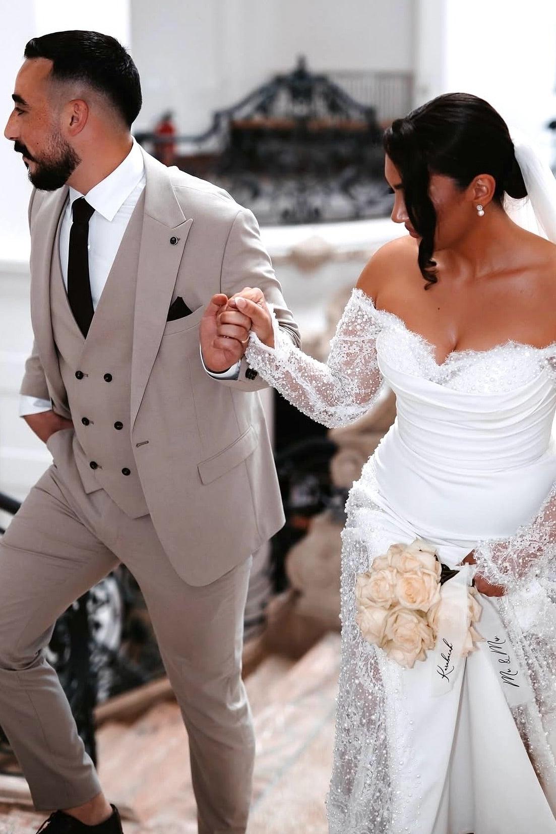 White Wedding Dress Mermaid Lace Strapless Off The Shoulder Beaded Long Sleeves Chapel Train Bridal Gown With Appliques