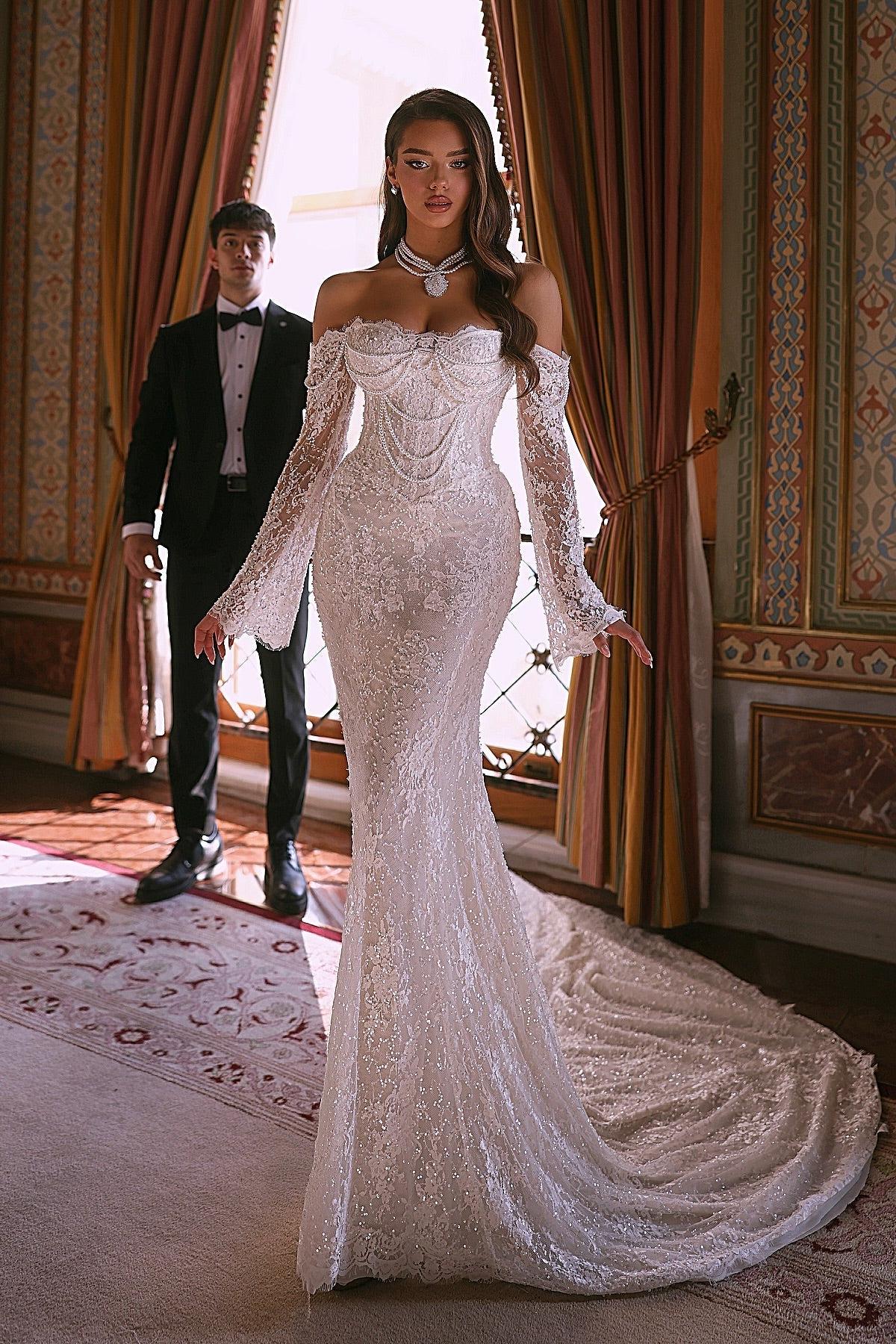 White Wedding Dress Mermaid Off The Shoulder Beaded Lace Bridal Gown With Sleeves