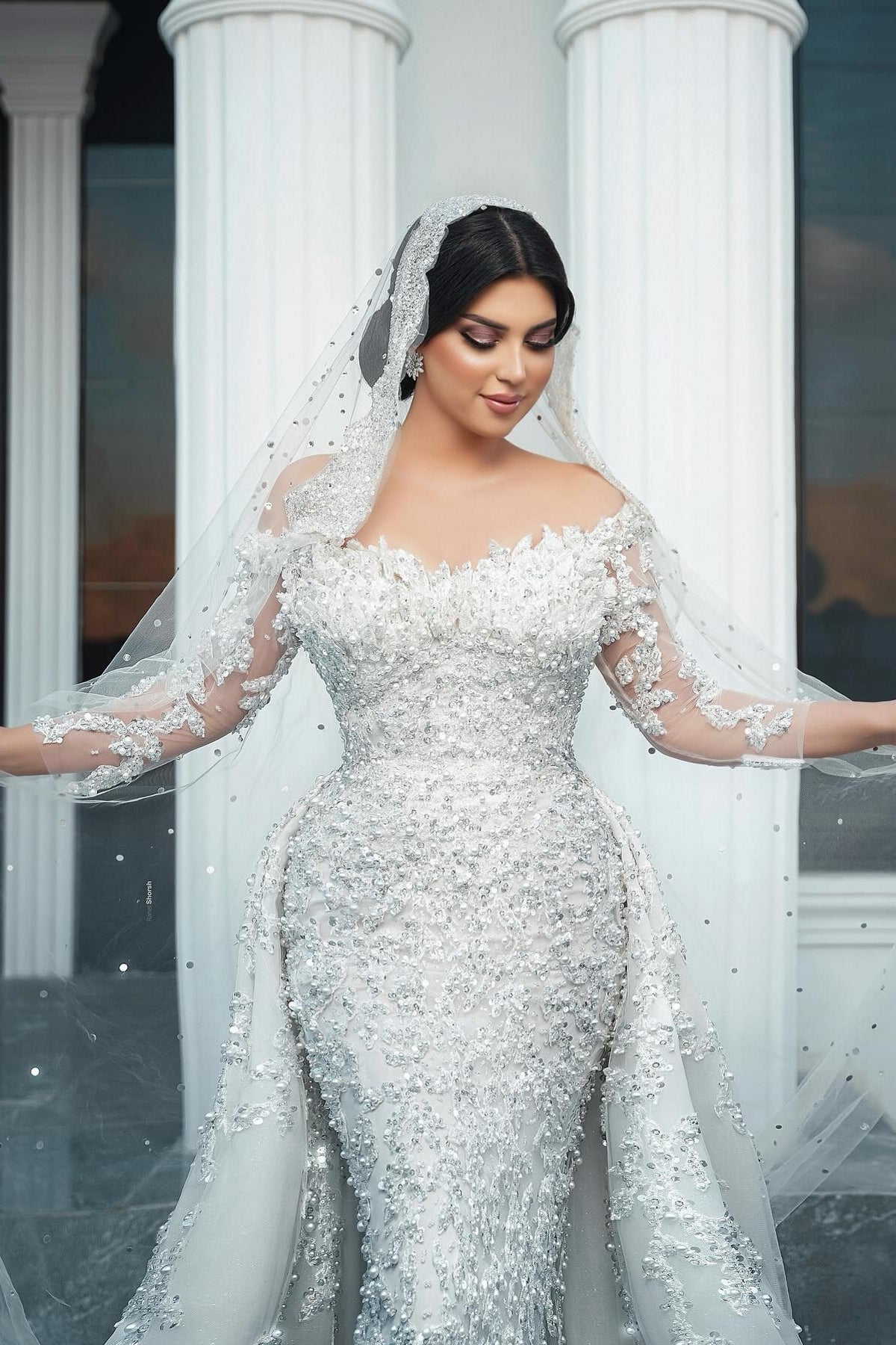 White Wedding Dress Mermaid Off The Shoulder Beaded Sequined Detachable Panel Train Tulle Bridal Gown