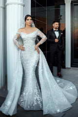 White Wedding Dress Mermaid Off The Shoulder Beaded Sequined Detachable Panel Train Tulle Bridal Gown
