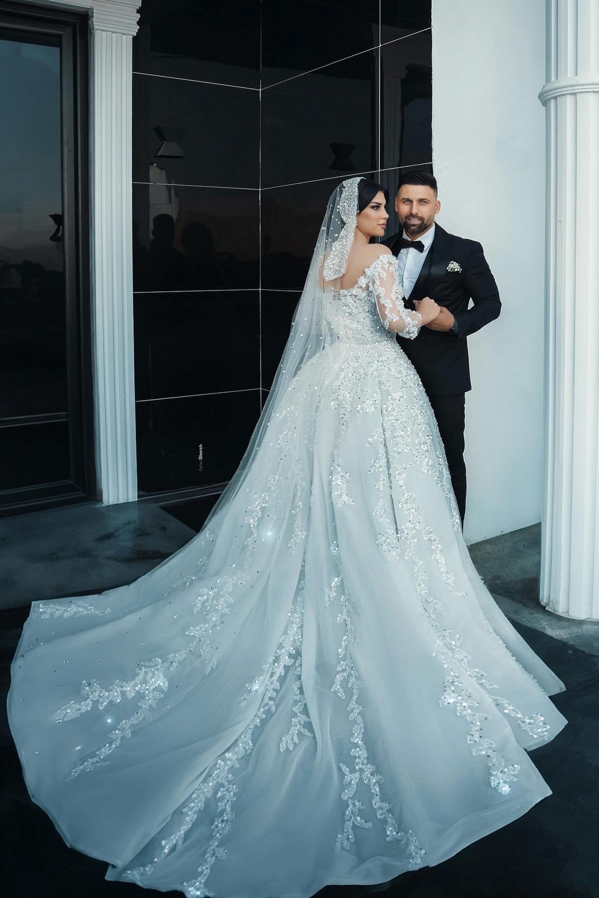 White Wedding Dress Mermaid Off The Shoulder Beaded Sequined Detachable Panel Train Tulle Bridal Gown