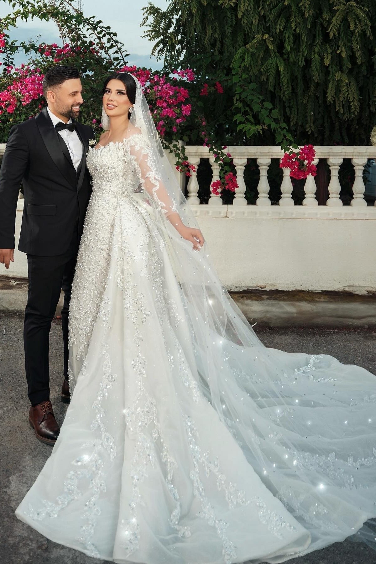 White Wedding Dress Mermaid Off The Shoulder Beaded Sequined Detachable Panel Train Tulle Bridal Gown