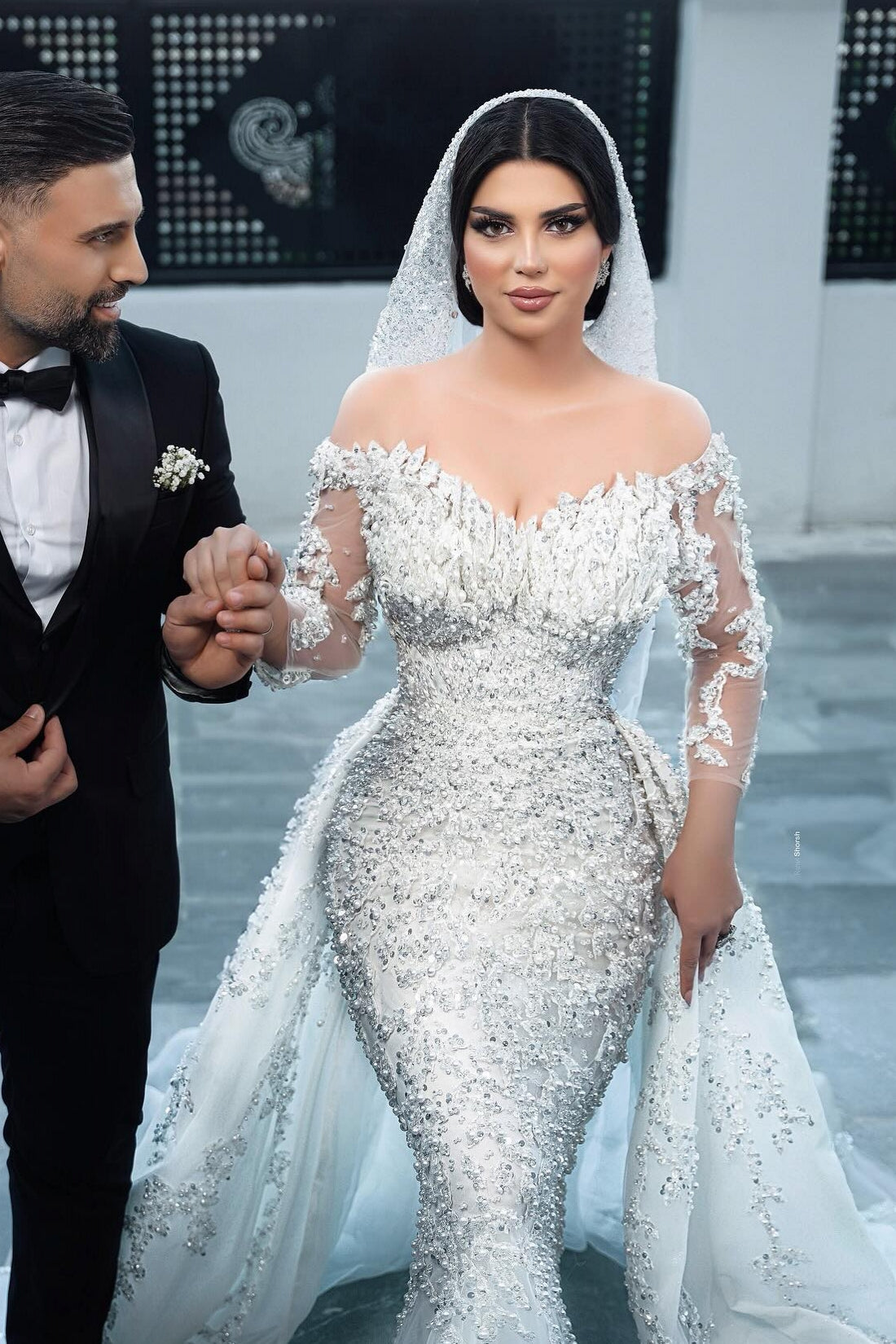 White Wedding Dress Mermaid Off The Shoulder Strapless Beaded Long Sleeves Sequined Detachable Panel Train Long Tulle Bridal Gown With Pearls And Appliques