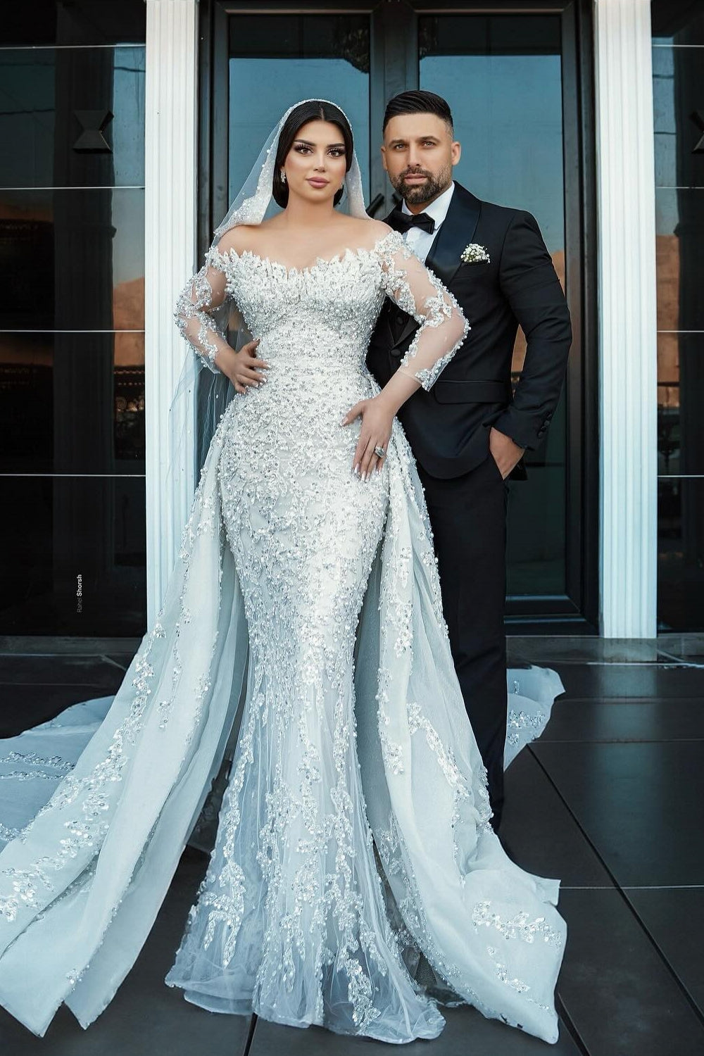 White Wedding Dress Mermaid Off The Shoulder Strapless Beaded Long Sleeves Sequined Detachable Panel Train Long Tulle Bridal Gown With Pearls And Appliques