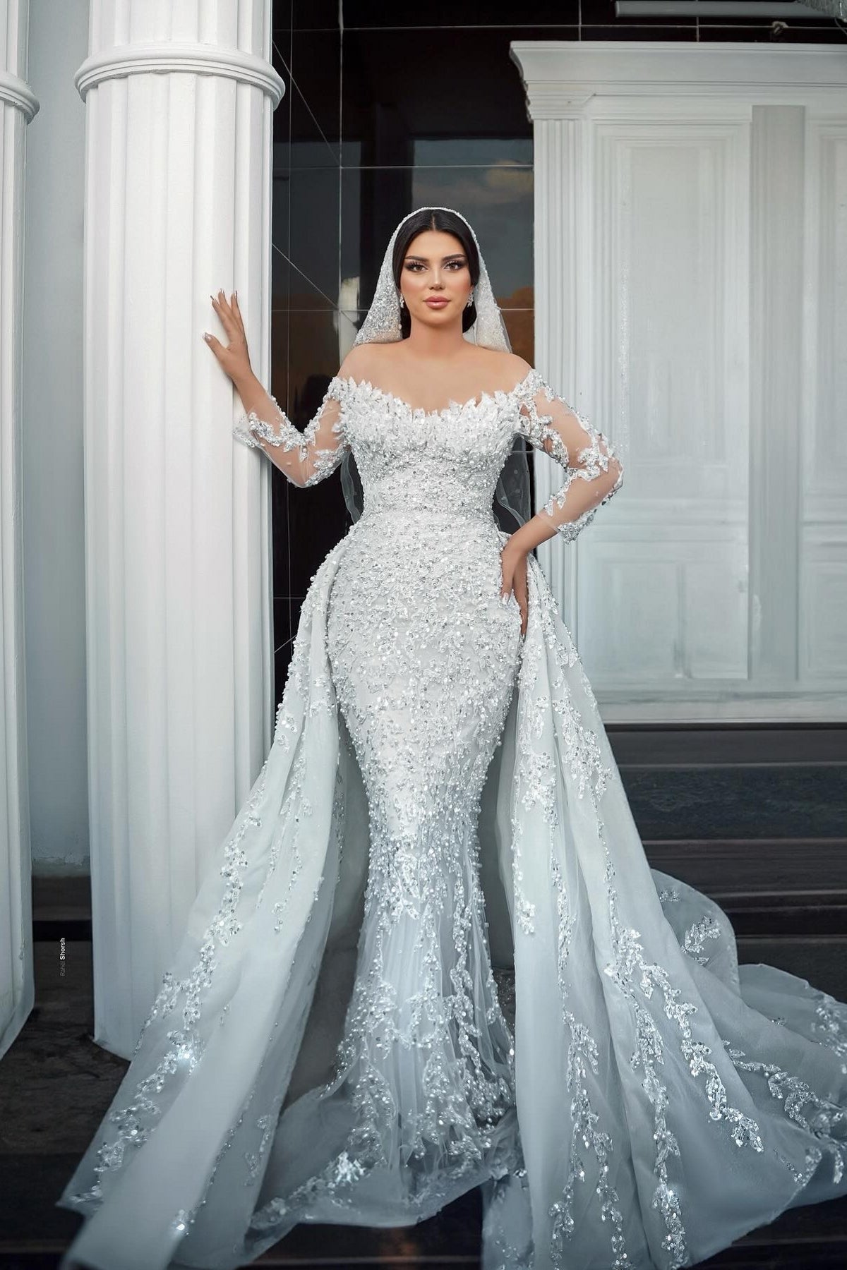 White Wedding Dress Mermaid Off The Shoulder Strapless Beaded Long Sleeves Sequined Detachable Panel Train Long Tulle Bridal Gown With Pearls And Appliques