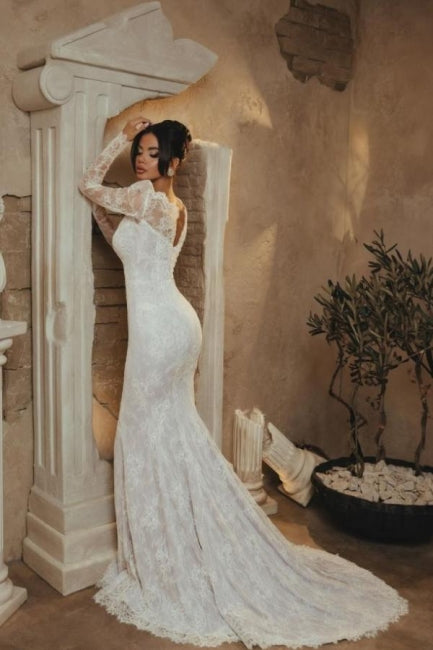 White Wedding Dress Mermaid Portrait Sweetheart Long Sleeve Lace Bridal Gown