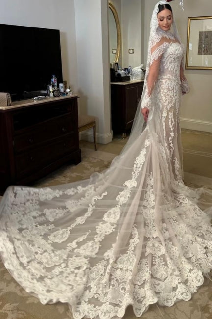 White Wedding Dress Mermaid Sleeves High Neck Lace Cathedral Train Tulle Bridal Gown