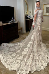 White Wedding Dress Mermaid Sleeves High Neck Lace Cathedral Train Tulle Bridal Gown