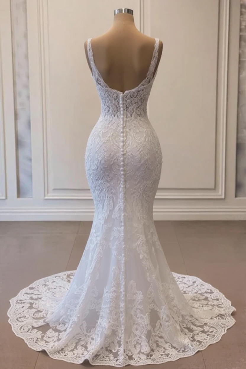 White Wedding Dress Mermaid Spaghetti Strap V Neck Sleeveless Beaded Lace Sweep Train Tulle Bridal Gown