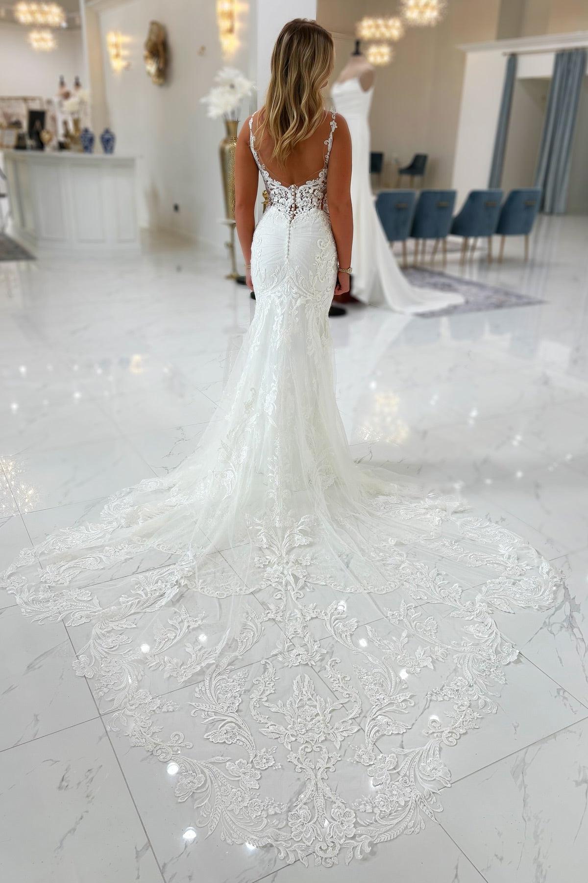 White Wedding Dress Mermaid Spaghetti Straps V Neck Sleeveless Lace Beaded Tulle Chapel Train Bridal Gown With Appliques