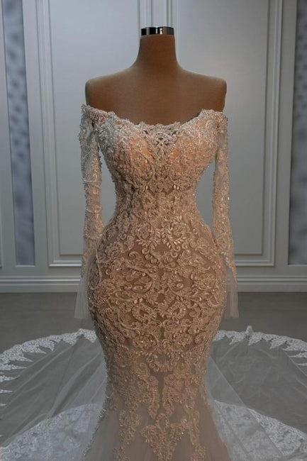 White Wedding Dress Mermaid Strapless Beaded Off The Shoulder Long Sleeve Chapel Train Lace Bridal Gown
