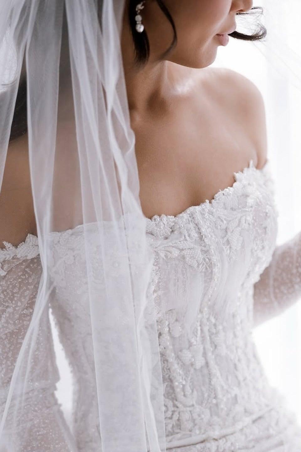 White Wedding Dress Mermaid Strapless Off The Shoulder Beaded Lace Long Sleeves Cathedral Train Tulle Bridal Gown