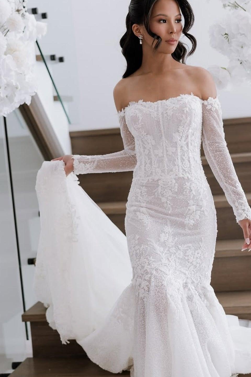 White Wedding Dress Mermaid Strapless Off The Shoulder Beaded Lace Long Sleeves Cathedral Train Tulle Bridal Gown