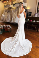 White Wedding Dress Mermaid Strapless Off The Shoulder Front Split Satin Bridal Gown With Lace