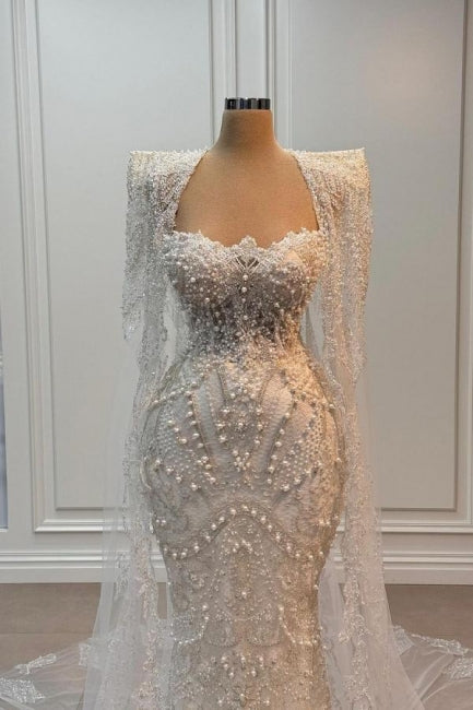 White Wedding Dress Mermaid Strapless Sleeveless Beaded Watteau Train Tulle Bridal Gown With Pearls