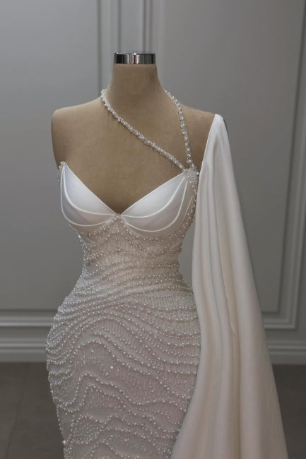 White Wedding Dress Mermaid Sweetheart Beaded Off The Shoulder Cap Sleeve Long Satin Bridal Gown With Pearls