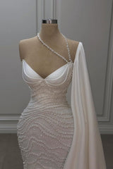 White Wedding Dress Mermaid Sweetheart Beaded Off The Shoulder Cap Sleeve Satin Bridal Gown With Pearls