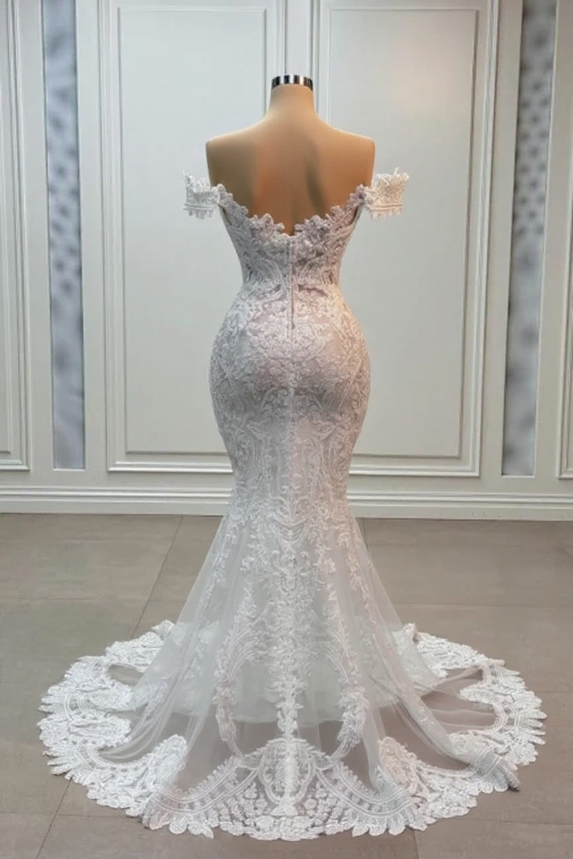 White Wedding Dress Mermaid Sweetheart Off The Shoulder Chapel Train Lace Tulle Bridal Gown With Appliques