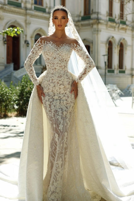 White Wedding Dress Mermaid Sweetheart Off The Shoulder Long Sleeves Detachable Panel Train Lace Bridal Gown
