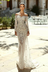 White Wedding Dress Mermaid Sweetheart Off The Shoulder Sleeves Detachable Panel Train Lace Bridal Gown
