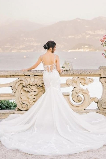 White Wedding Dress Mermaid Sweetheart Spaghetti Strap Tulle Bridal Gown With Appliques