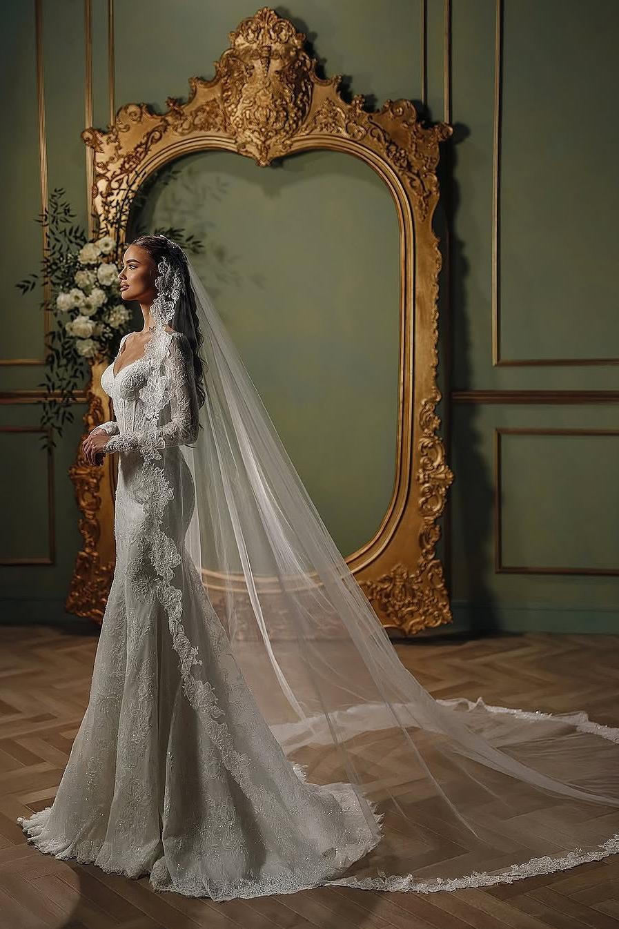 White Wedding Dress Mermaid V Neck Sleeves Beaded Sweep Train Lace Bridal Gown