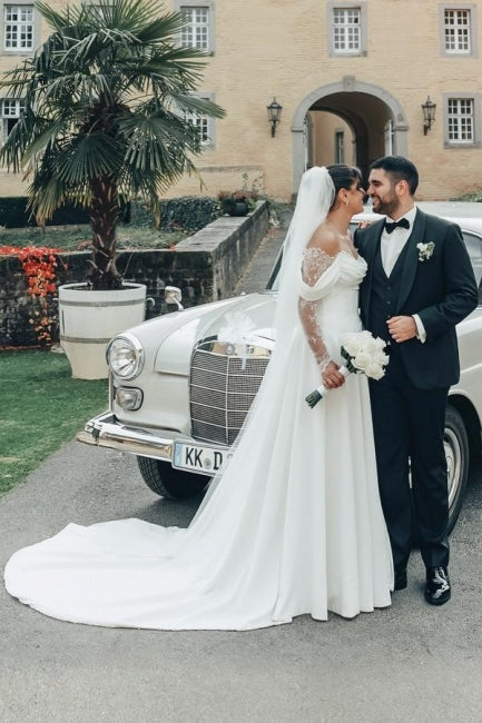 White Wedding Dress Off The Shoulder A Line Illusion Lace Sleeve Sweep Train Satin Bridal Gown With Slit