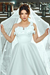 White Wedding Dress One Shoulder Sleeveless Sweep Train Ball Gown Satin Bridal Gown With 3D Flowers