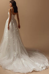 White Wedding Dress Spaghetti Strap A Line Court Train Tulle Bridal Gown With Appliques