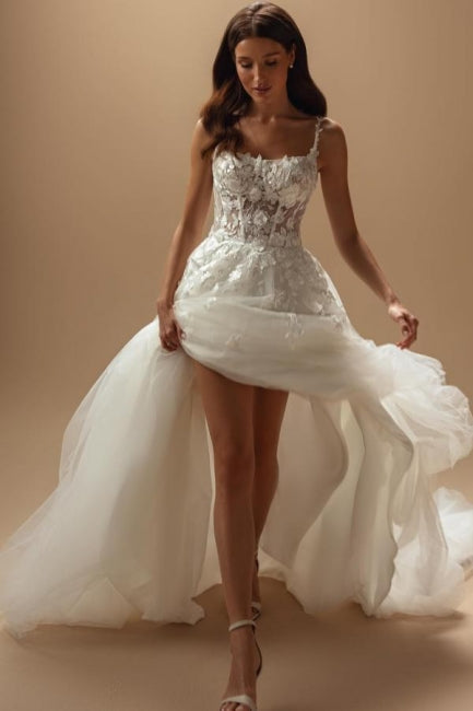 White Wedding Dress Spaghetti Strap A Line Court Train Tulle Bridal Gown With Appliques