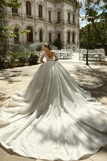 White Wedding Dress Square Beaded Sleeve Lace Sequined Ball Gown Tulle Bridal Gown With Rhinestones