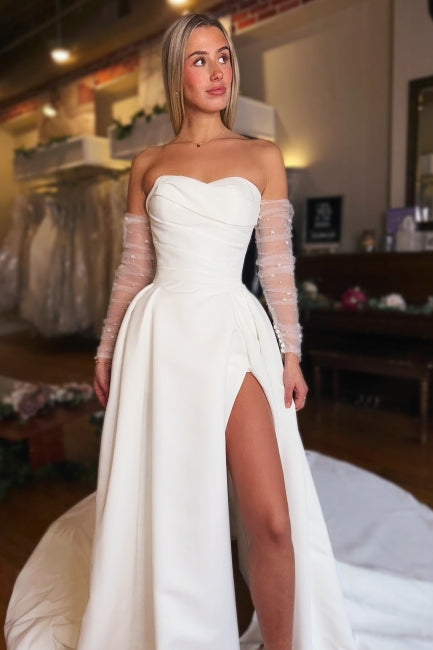 White Wedding Dress Strapless A Line Sleeveless Satin Split Front Bridal Gown With Ruffles