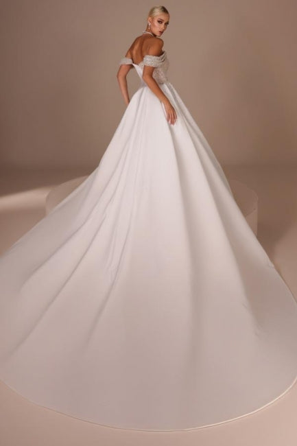 White Wedding Dress Strapless Beaded Off The Shoulder Long Panel Train Satin Bridal Gown With Rhinestones
