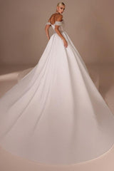 White Wedding Dress Strapless Beaded Off The Shoulder Panel Train Satin Bridal Gown