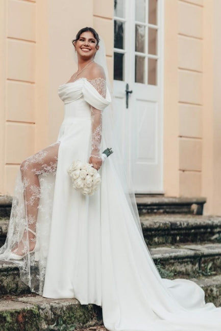 White Wedding Dress Strapless Off The Shoulder A Line Illusion Lace Sleeve Sweep Train Satin Bridal Gown With Slit