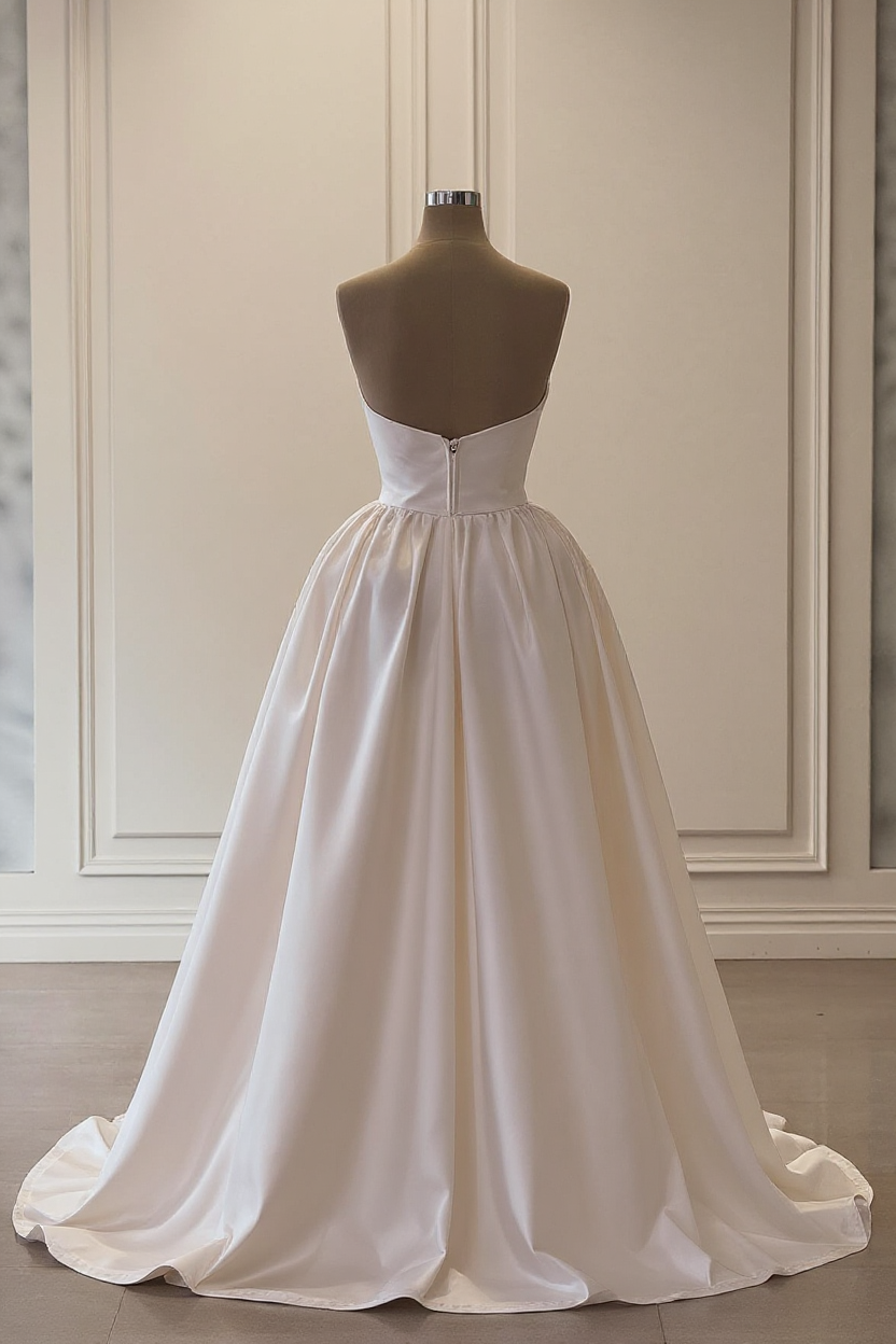 White Wedding Dress Strapless Sleeveless Beaded Panel Train Ruffle Long Satin Bridal Gown With Slit