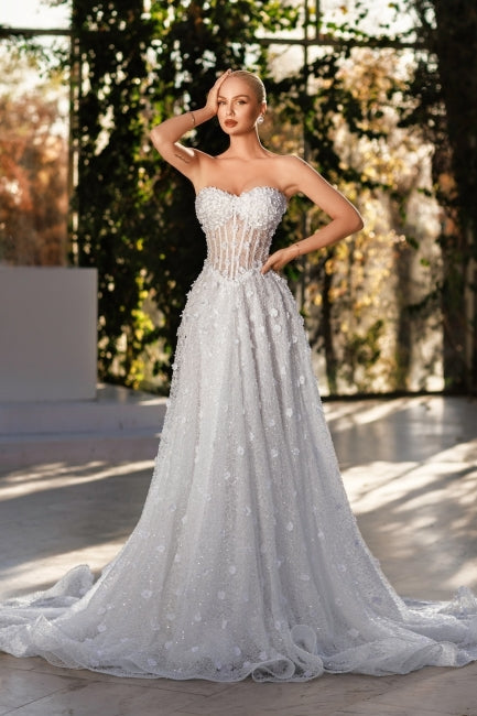 White Wedding Dress Sweetheart A Line Sleeveless Sequined Sweep Train Tulle Bridal Gown With 3D Flowers