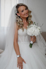 White Wedding Dress Sweetheart Ball Gown Beaded Sleeveless Cathedral Train Tulle Bridal Gown