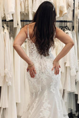 White Wedding Dress Sweetheart Spaghetti Strap Mermaid Tulle Court Train Lace Bridal Gown With Appliques