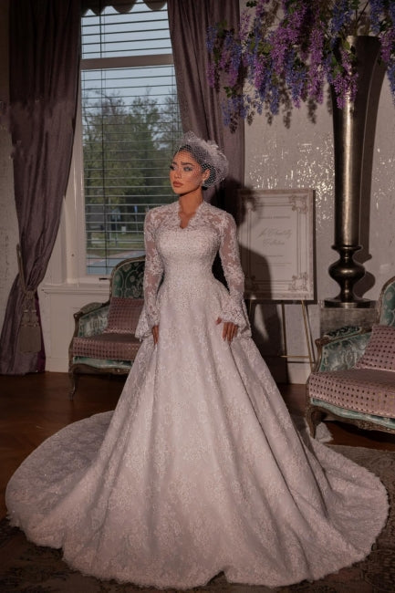 White Wedding Dress V Neck A Line Lace Sleeves Sweep Train Velour Bridal Gown With Appliques