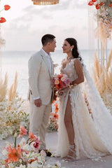 White Wedding Dress V Neck Lace A Line Spaghetti Strap Sequined Sleeveless Watteau Train Tulle Bridal Gown With Slit